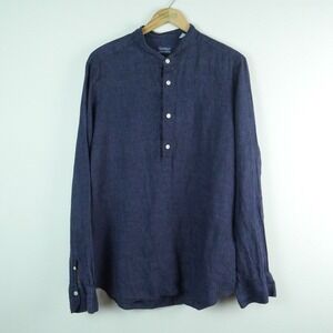 Finamore 1925 Frans Boone Navy Blue Linen Band Collar Popover Shirt Mens 17 43